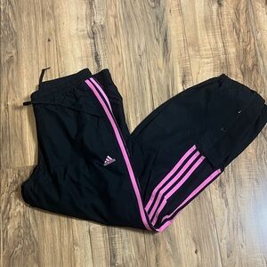 Black Adidas Track Pants With Pink 3-Stripes And Snap Button Ankles Sz L